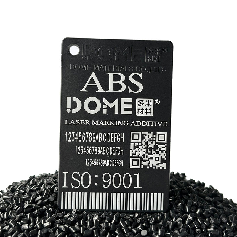 White Laser Marking on Black ABS Molded Parts with information like DOME Brand, QR Code -Laser Marking Additive Masterbatch for Black ABS keyboards